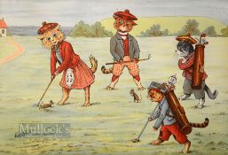 Louis Wain (1860-1939) after - 2x original coloured lithographs of cats playing golf putting out