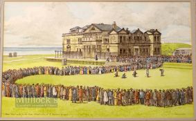 Ionicus (Josh C Armitage) signed golfing watercolour titled "James Braid winning the Open