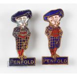 2x early Penfold men Enamel Golfing Figure Pin Badges - both stamped on the back H W Miller Ltd