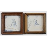 2x Early Dutch Delft Kolf/Golf Hand painted tiles c17thc - both with cracks -both mounted in
