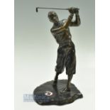 Bobby Jones style bronze spelter golfing figure c1940s - mounted on a naturalistic base with red
