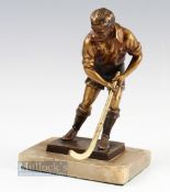 1950-1960s Metal Hockey figure on marble base, 22cm tall, has damage to hockey stick