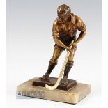 1950-1960s Metal Hockey figure on marble base, 22cm tall, has damage to hockey stick