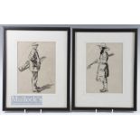 James Thorpe (1900-1979) pair of original pen and ink golf caddie drawings - one of 1930s caddie and