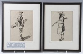 James Thorpe (1900-1979) pair of original pen and ink golf caddie drawings - one of 1930s caddie and