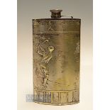 Fine American Evans & Co silver plated golfing spirit flask c1930 - the front panel embossed with