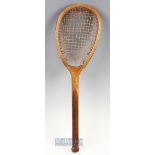c1874-1880 Lopsided Wooden Tennis Racket by Wrinch & Sons Ipswich concave wedge stamped on the one