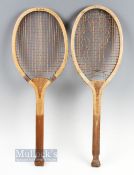 2x Fishtail Wooden Tennis Rackets to includes an early Slazenger's "Demon" fishtail wooden convex