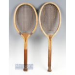 2x Fishtail Wooden Tennis Rackets to includes an early Slazenger's "Demon" fishtail wooden convex