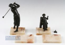 Original Bronze Golfing figures marble bookends c1920s - featuring a golfer and his caddy - the club