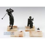 Original Bronze Golfing figures marble bookends c1920s - featuring a golfer and his caddy - the club