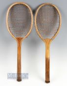 A pair of Wooden Match Tennis Rackets, 14 ½ oz and 11oz, the 14 ½ oz has shoulder strapping and part