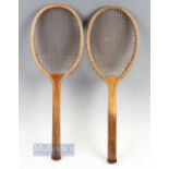 A pair of Wooden Match Tennis Rackets, 14 ½ oz and 11oz, the 14 ½ oz has shoulder strapping and part