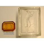 Late 1920s Glass Trinket box with intaglio cut style figure of a golfer to the lid - 3x minor