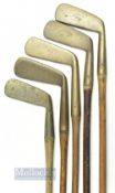 5x Various bronze putters incl A Patrick of Leven, J C Smith & Son with shaft stamp, centre