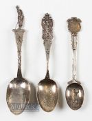 3x Interesting Golfing Silver Teaspoons decorated with various Vic. period golfers - all silver