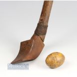 19thc Flemish/French Chloe iron club and wooden ball - fitted with the original thickened wrapped