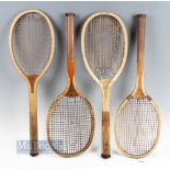 c1910 x4 early Wooden Tennis Rackets, all with convex wedge and regular handles to include Jacques