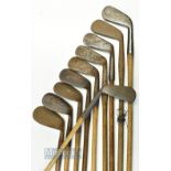 10x various irons incl Gourlay mashie, Nicol mussel back mashie, diamond back niblick, large head