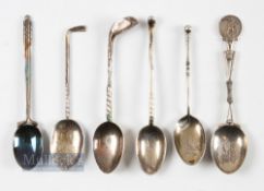 Collection of Various Decorative Golfing Silver Teaspoons from 1920s (6) with either golf clubs,