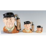 Graduating Set of 3 Royal Doulton 'Golfer' Character Jugs largest D6623, D6756, D6757, all in good