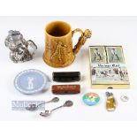 Dartmouth Golfing Tankard with crazing throughout, together with a Golfing figure Table lighter,
