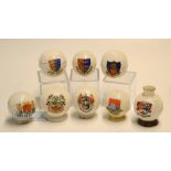 Collection of Ceramic Crested Ware Bramble and Dimple Pattern Golf Balls (8): 5x mounted on golf tee