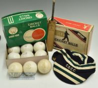 Cricket mixed lot to include brass toped wooden stumps 3 only, 8 x terylene rubber white balls by