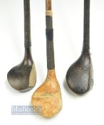 3x various late scare neck woods - Alex Patrick light stained driver, Hutchinson brassie and a