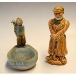 2x Early 20thc Golfing Comic Ceramic Figures - one titled "Fore" ceramic cash/trinket bowl (head has