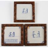 3x Early Dutch Delft Kolf/Golf Hand Painted Tiles c18thc - each with some chips to the corners,