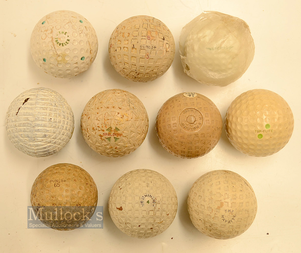 10x assorted golf balls - incl repainted mesh pattern guttie and 9x rubber core golf balls incl