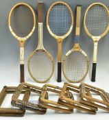 Five Wooden Tennis Rackets - all with Racket presses, makers of Wisden Owe fifteen, Slazenger