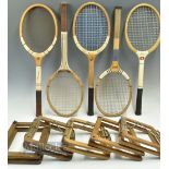 Five Wooden Tennis Rackets - all with Racket presses, makers of Wisden Owe fifteen, Slazenger