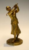 An early Art Deco Gilt Bronze Figure of Lady Golfer by J Dunach - mounted on a naturalistic circular