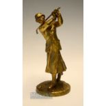 An early Art Deco Gilt Bronze Figure of Lady Golfer by J Dunach - mounted on a naturalistic circular