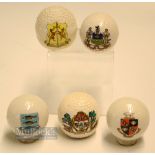 Collection of Ceramic Crested Ware Bramble Pattern Golf Balls (5): 2x mounted on golf tee style