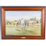 Douglas E West colour golfing print titled "And Now The 19th Hole" - c/w brass engraved plaque -
