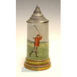 Scarce Hauber & Reuther (1876-1910) Golfing Stoneware Beer Stein - decorated with a vivid golfing