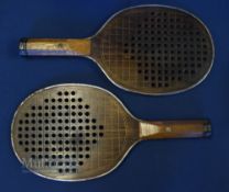 Pair of Wooden Paddleball Rackets, with a metal strengthening edge trim, 42 1/2cm long in used
