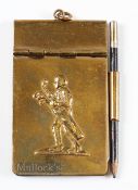 Small Brass Note Pad and Pencil with embossed figure of young golfing caddy c1920/30s - c/w spring