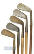 5x Assorted irons incl' Harry Vardon Star marked medium iron, R.H Scott Midget mashie, deep faced