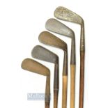 5x Assorted irons incl' Harry Vardon Star marked medium iron, R.H Scott Midget mashie, deep faced