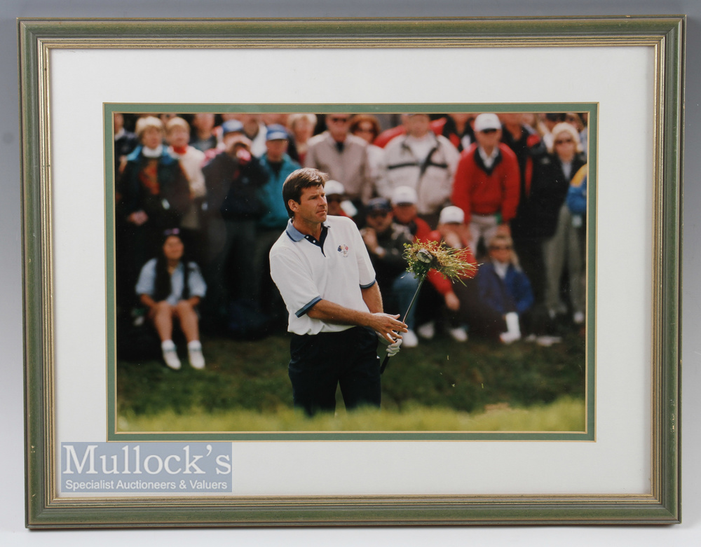 Nick Faldo Coloured Print depicts Faldo post swing with a clump of grass to the head of the club,