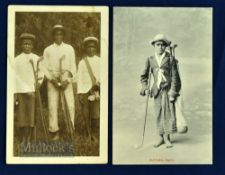 2x very early official Golfing Caddie postcards c1900 - one of 3x West Indies Caddies, a senior