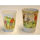 2x early 20thc Golfing Ceramic Beakers - fine Carlton Ware beaker with gilt rim and stamped with