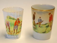 2x early 20thc Golfing Ceramic Beakers - fine Carlton Ware beaker with gilt rim and stamped with