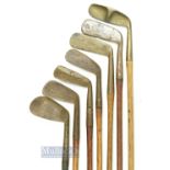 7x Assorted Irons incl an interesting Coombes patent putter No 640753, Spalding X gold medal