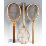 3 Junior Wooden Tennis Rackets, to include 2 Boy rackets both with square handles missing butt