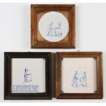 3x Early Dutch Delft Kolf/Golf Hand Painted Tiles c1800s - 3x mounted in wooden frames one with a